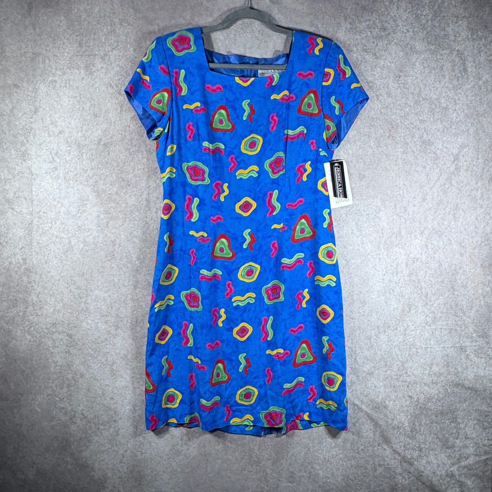 Vintage Jessica Howard Dress Womens 8‎ Blue Rayon Abstract Geometric 90s Art NEW